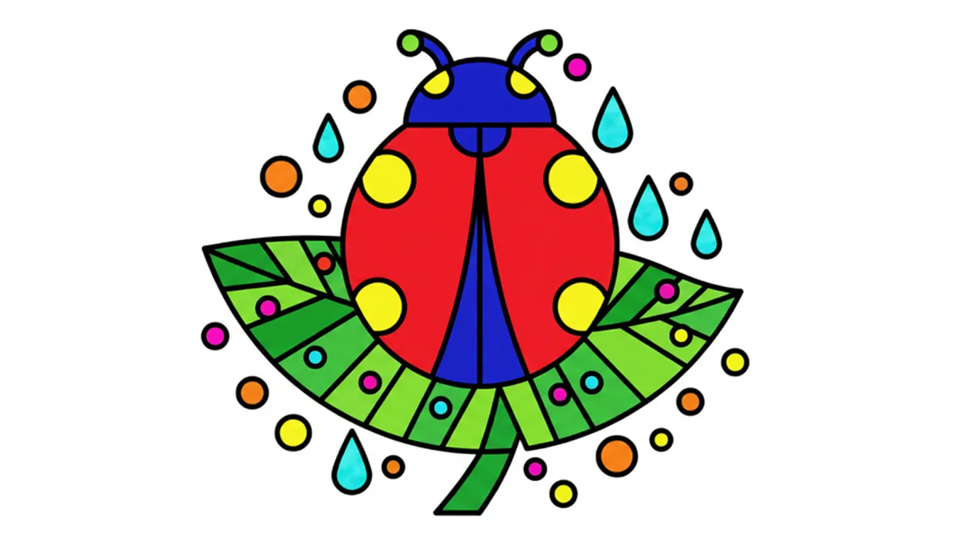 ladybug on leaf with dewdrops coloring page to print