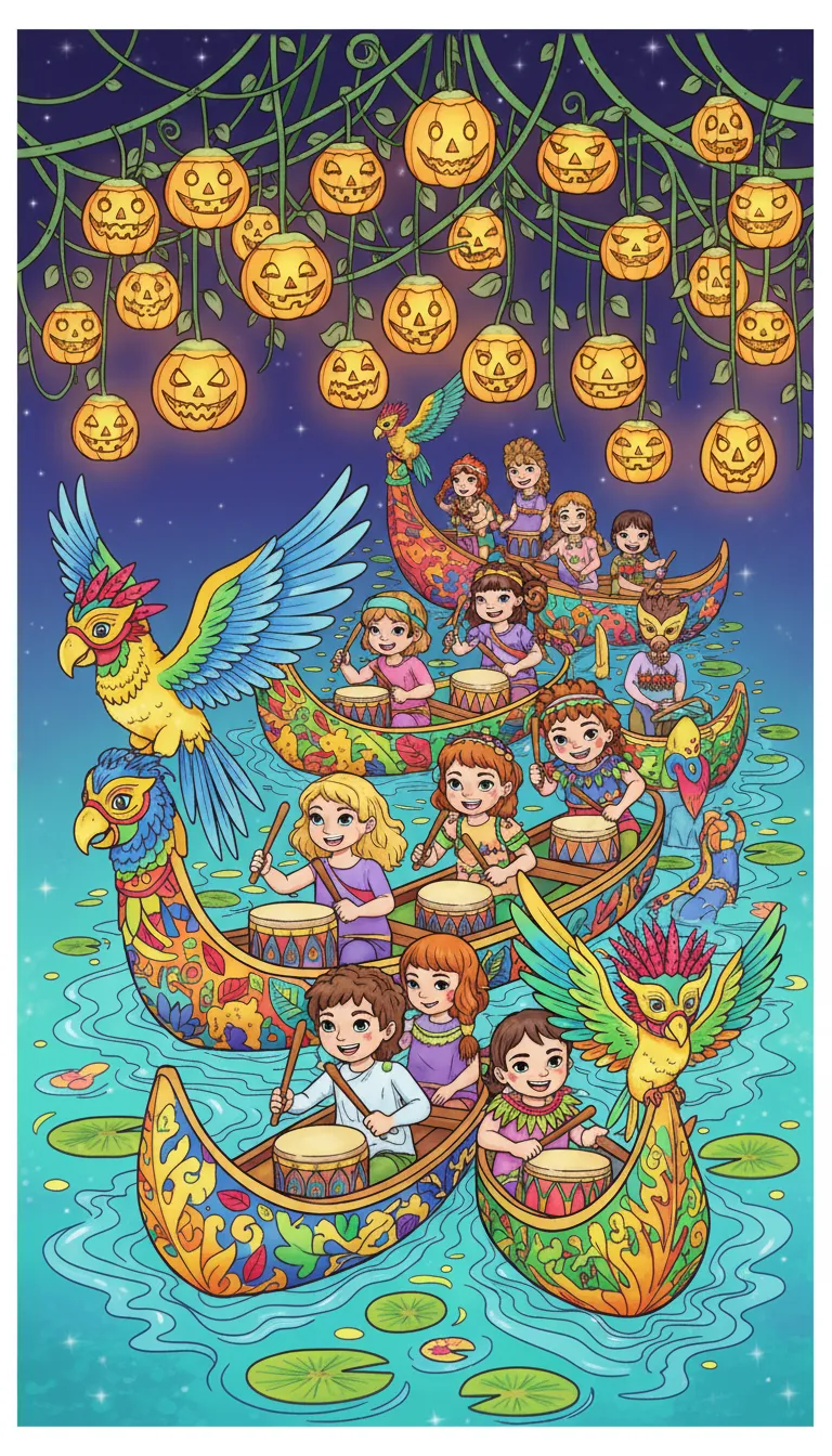 amazon river halloween parade scene coloring page to print