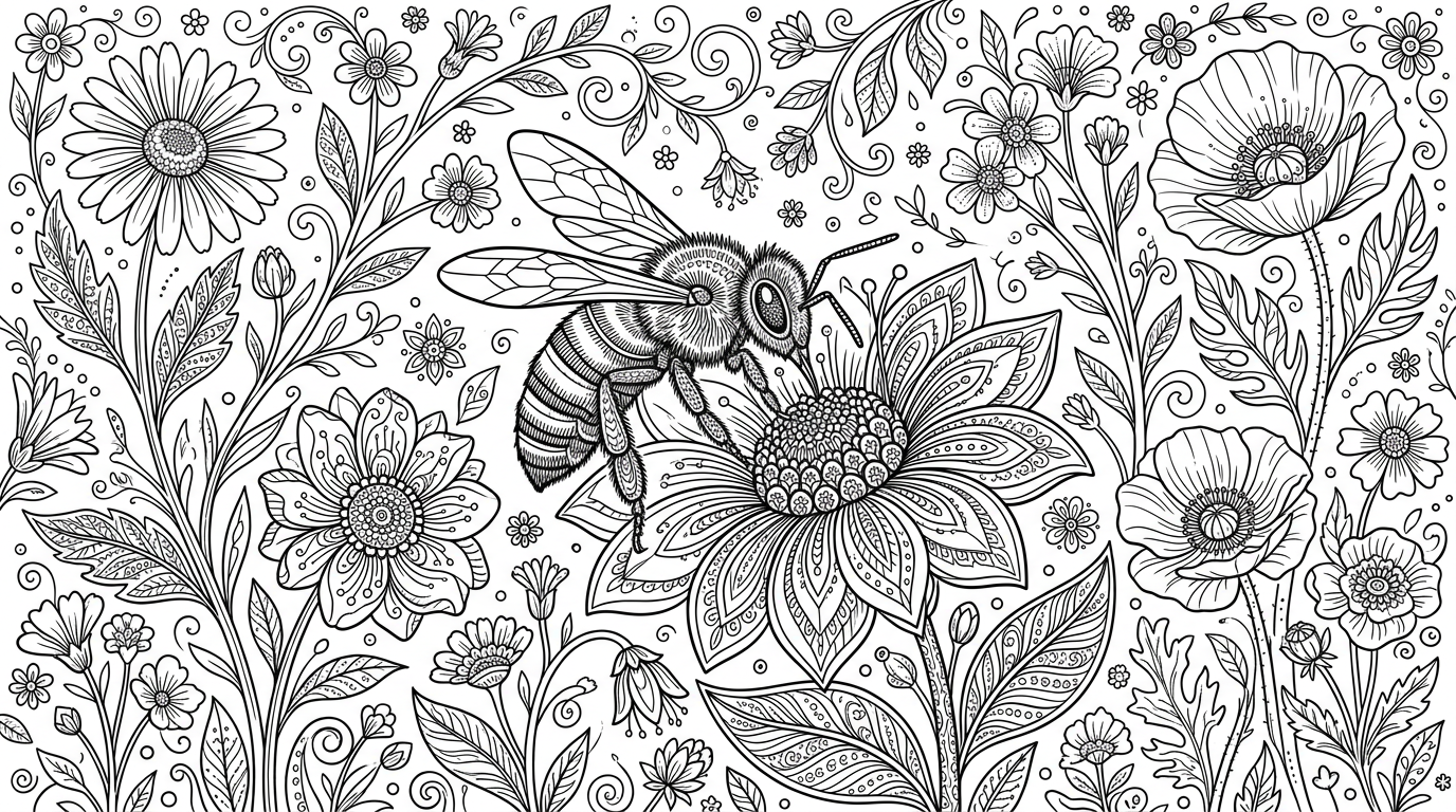 A detailed scene of a honeybee collecting nectar from a flower. coloring page to print