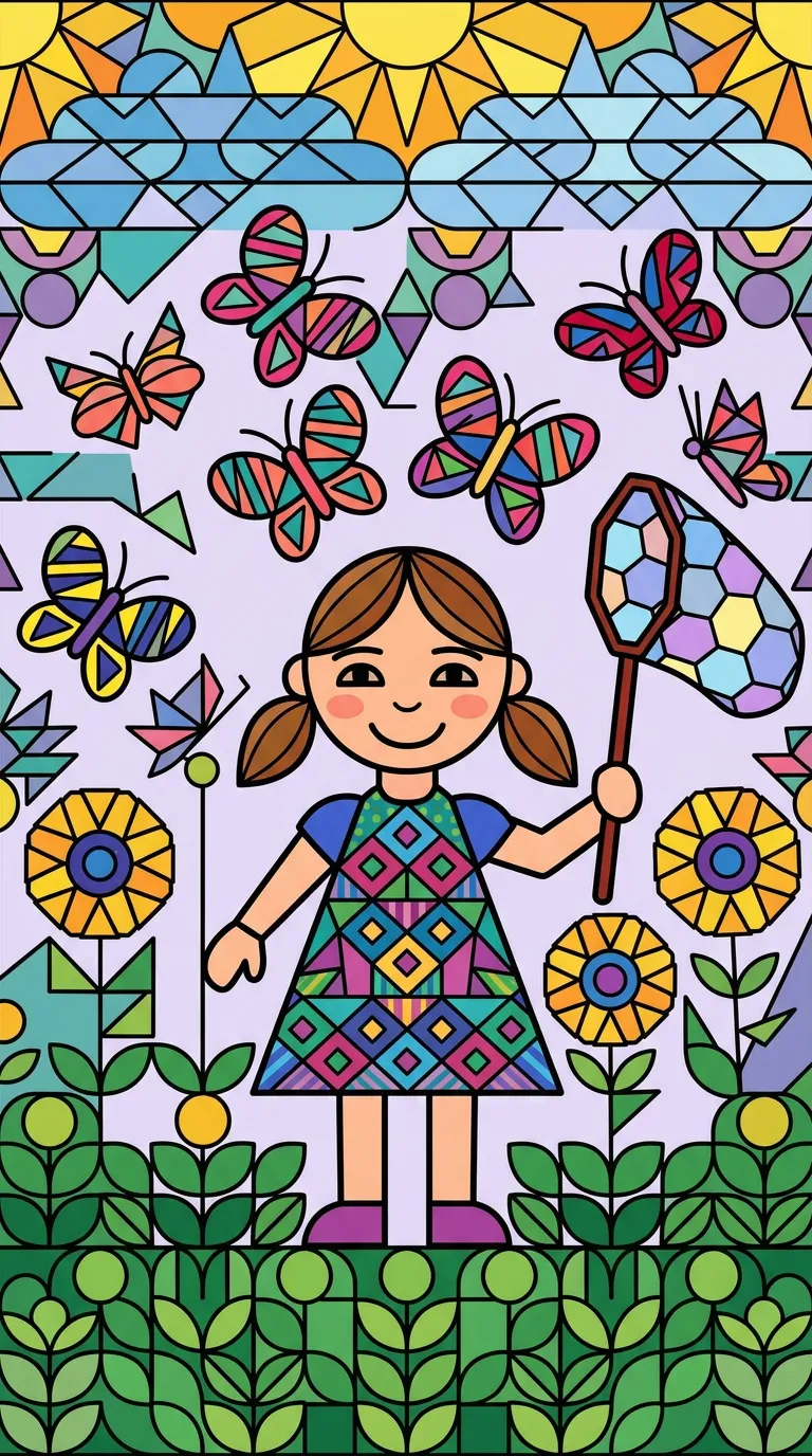 Happy girl catching butterflies in a meadow coloring page to print