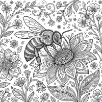 A detailed scene of a honeybee collecting nectar from a flower.