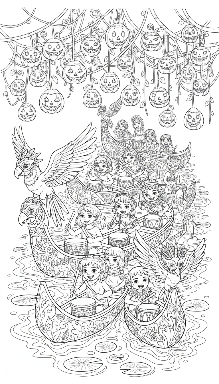 amazon river halloween parade scene coloring page to print