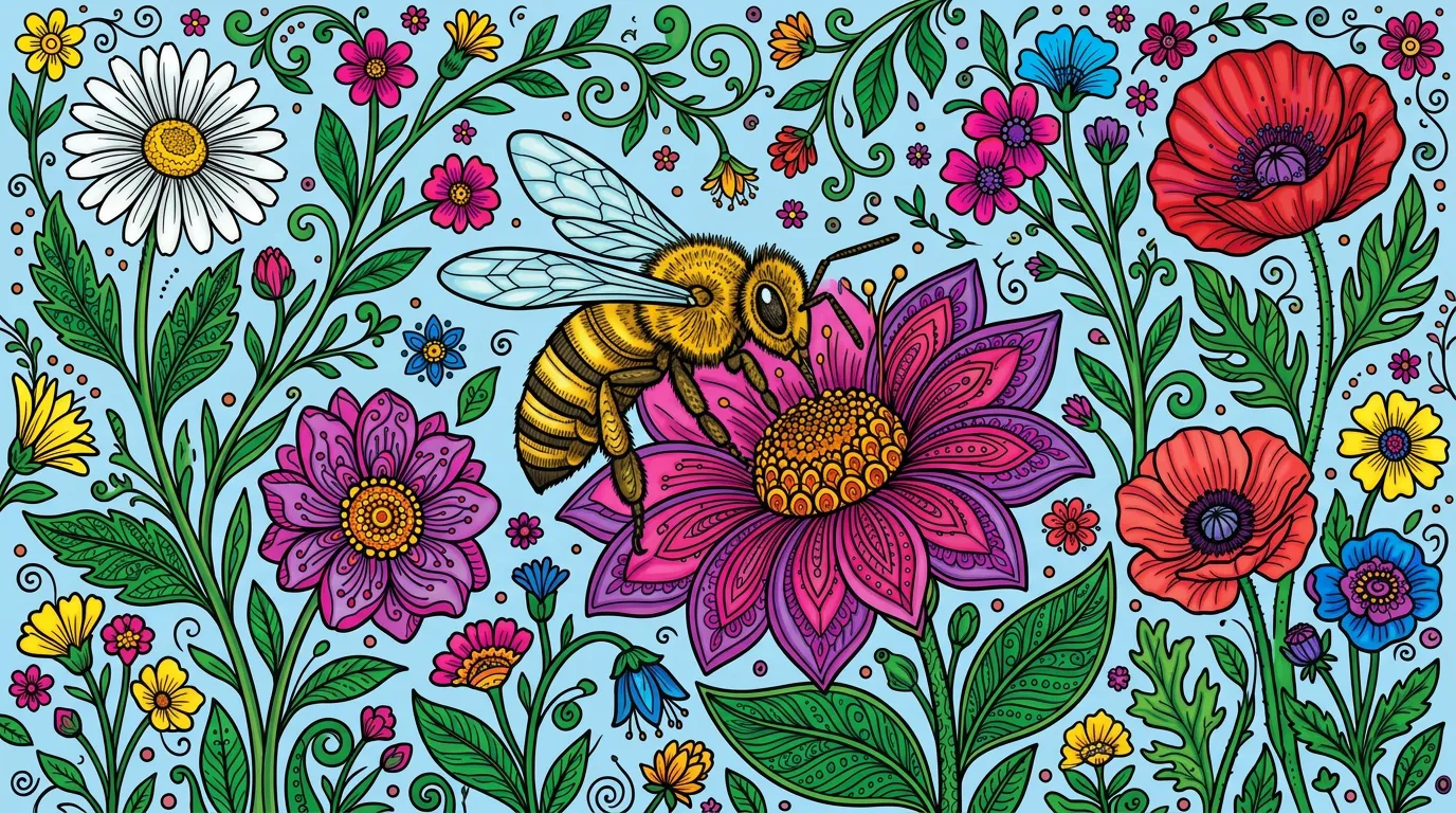 A detailed scene of a honeybee collecting nectar from a flower. coloring page to print