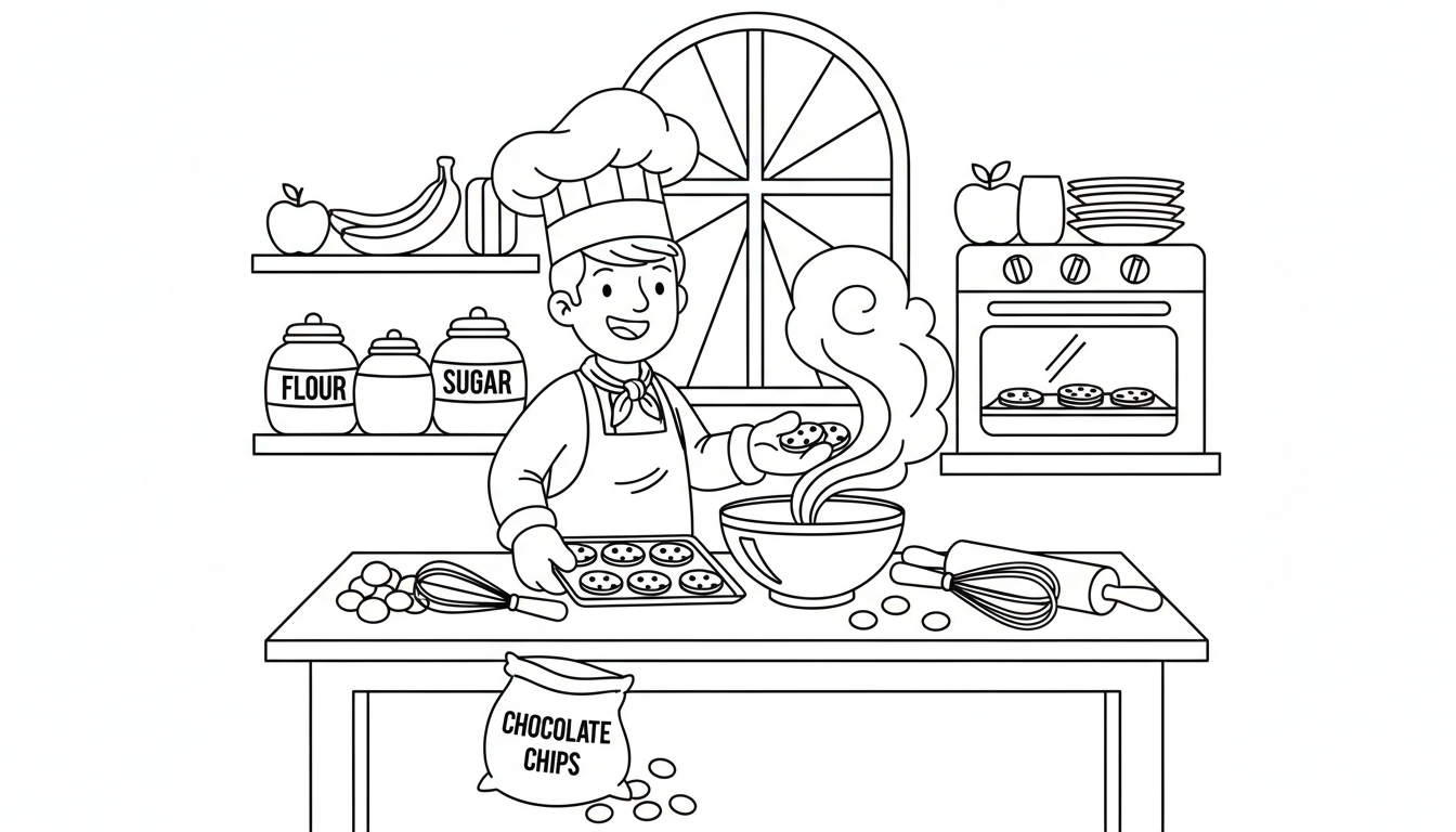 cheerful chef baking cookies in the kitchen coloring page to print