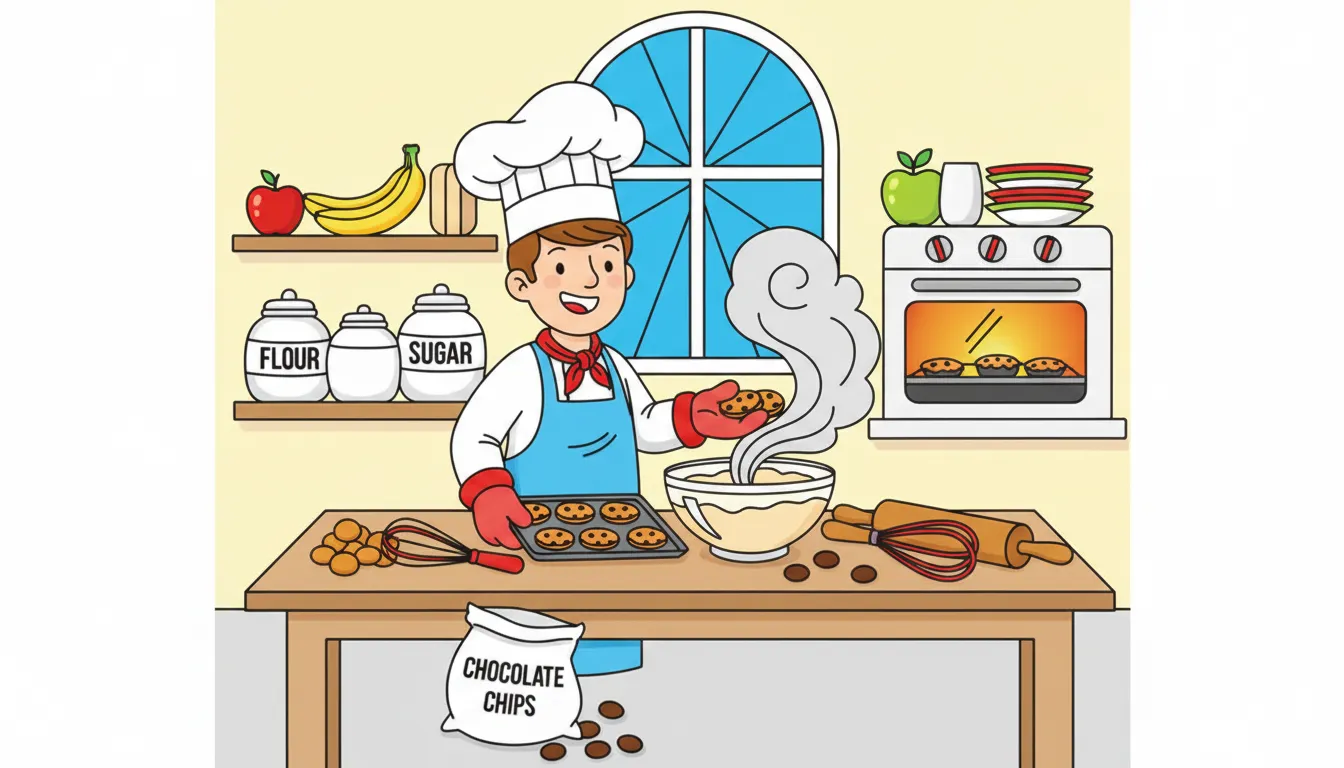 cheerful chef baking cookies in the kitchen coloring page to print