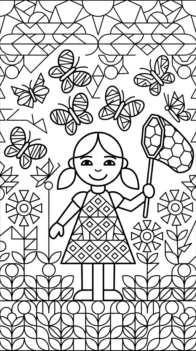 Happy girl catching butterflies in a meadow coloring page to print