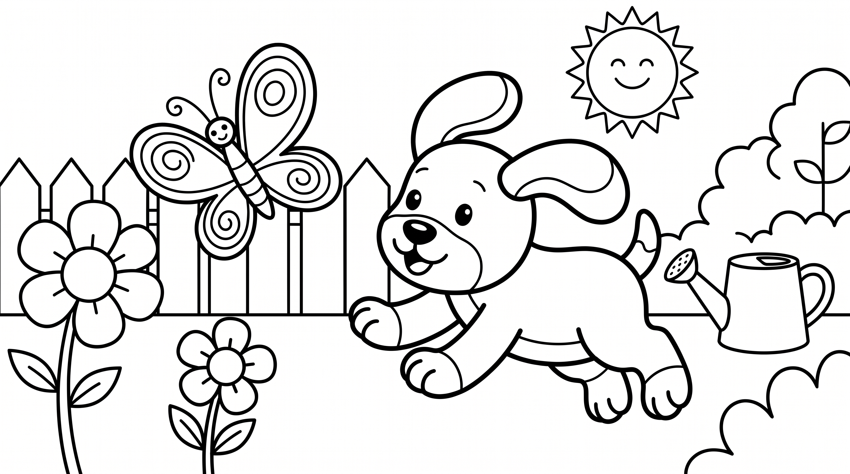 Playful puppy chasing butterfly in garden coloring page to print