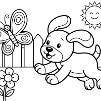 Playful puppy chasing butterfly in garden