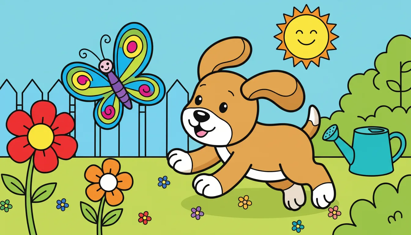 Playful puppy chasing butterfly in garden coloring page to print