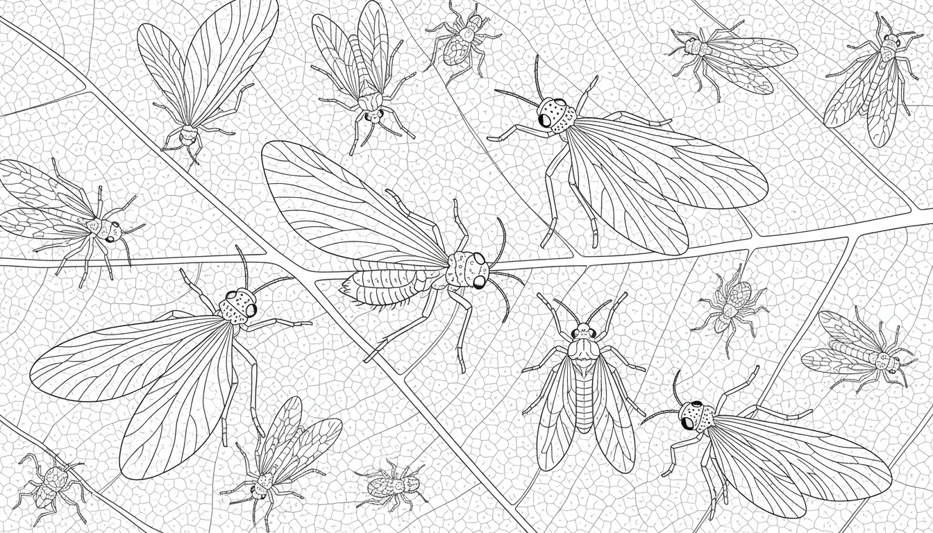 microscopic view of tiny insects on a leaf coloring page to print