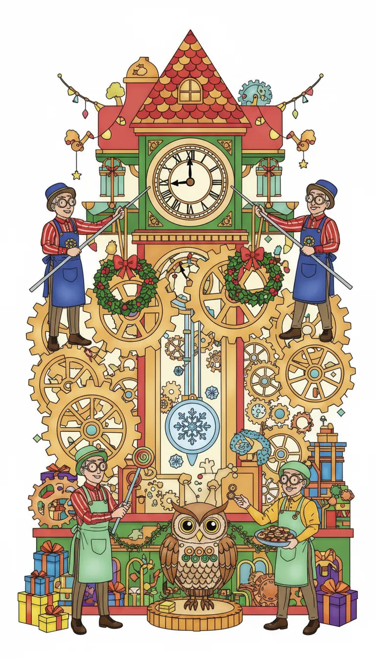 Christmas clocktower workshop with joyful gears coloring page to print
