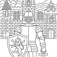 A medieval knight in shining armor holding a shield and sword, standing before a castle.