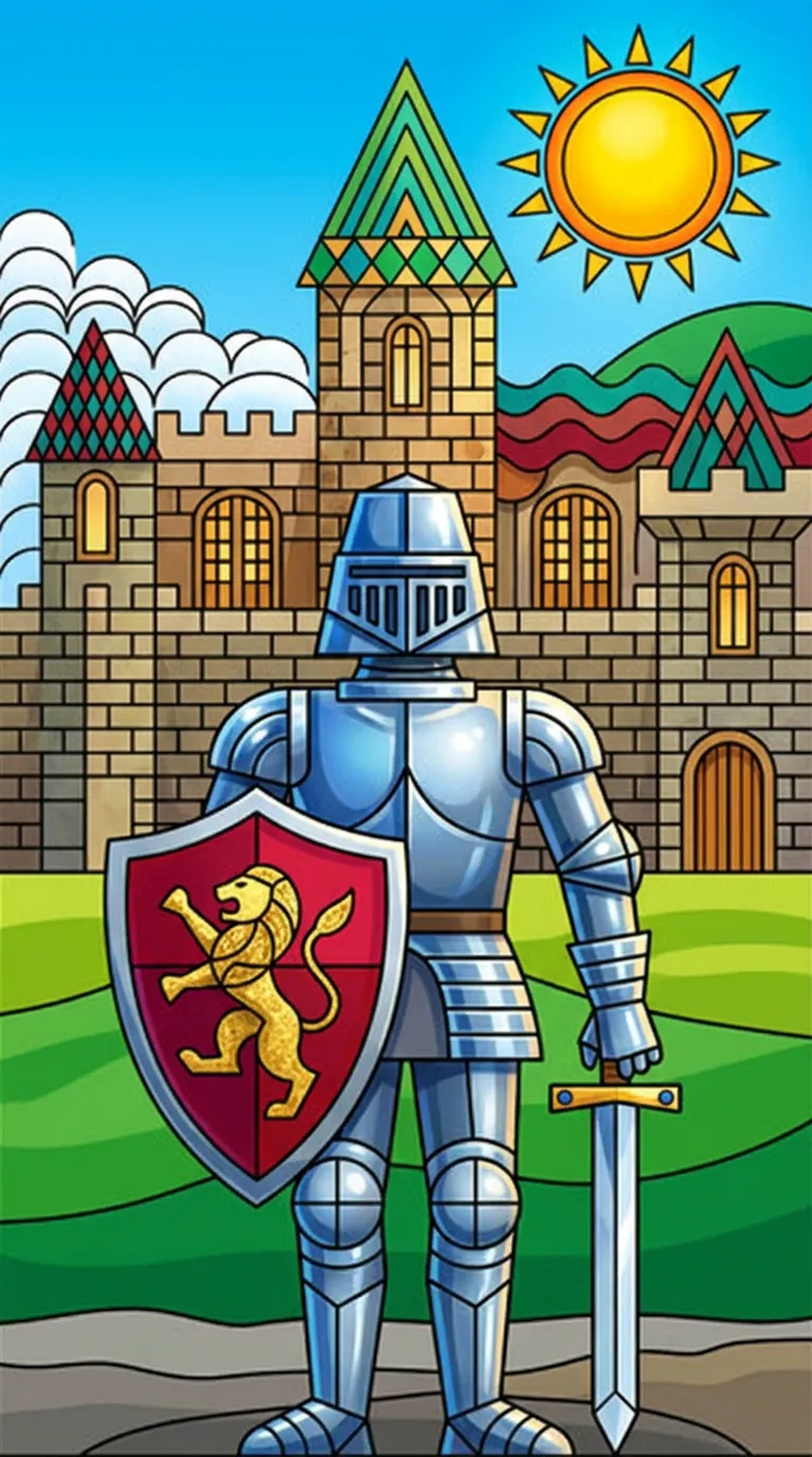 A medieval knight in shining armor holding a shield and sword, standing before a castle. coloring page to print