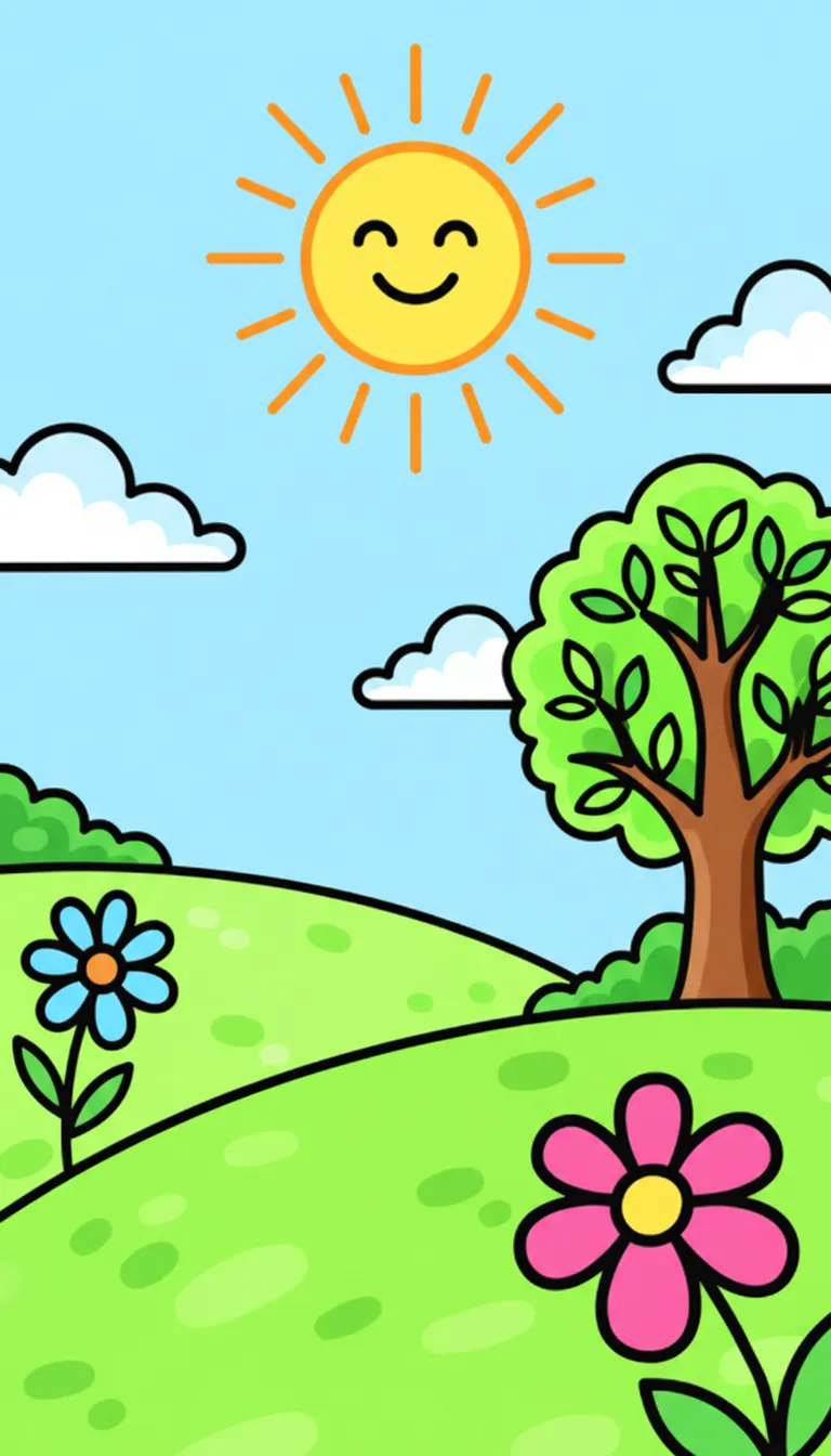 smiling sun above sunny field coloring page to print