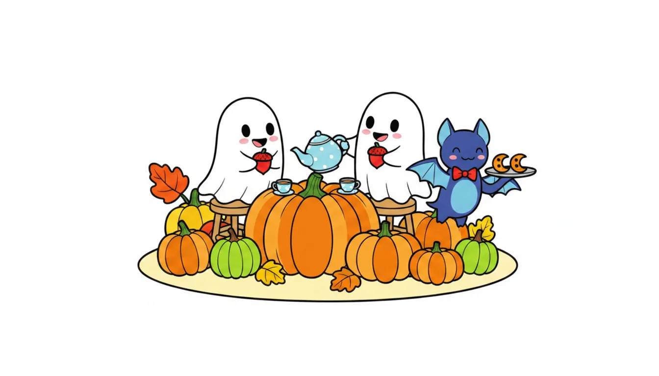 Cozy pumpkin patch tea party with friendly ghosts coloring page to print