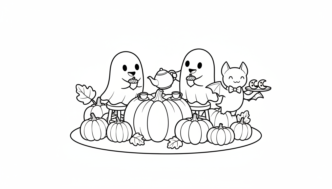 Cozy pumpkin patch tea party with friendly ghosts coloring page to print