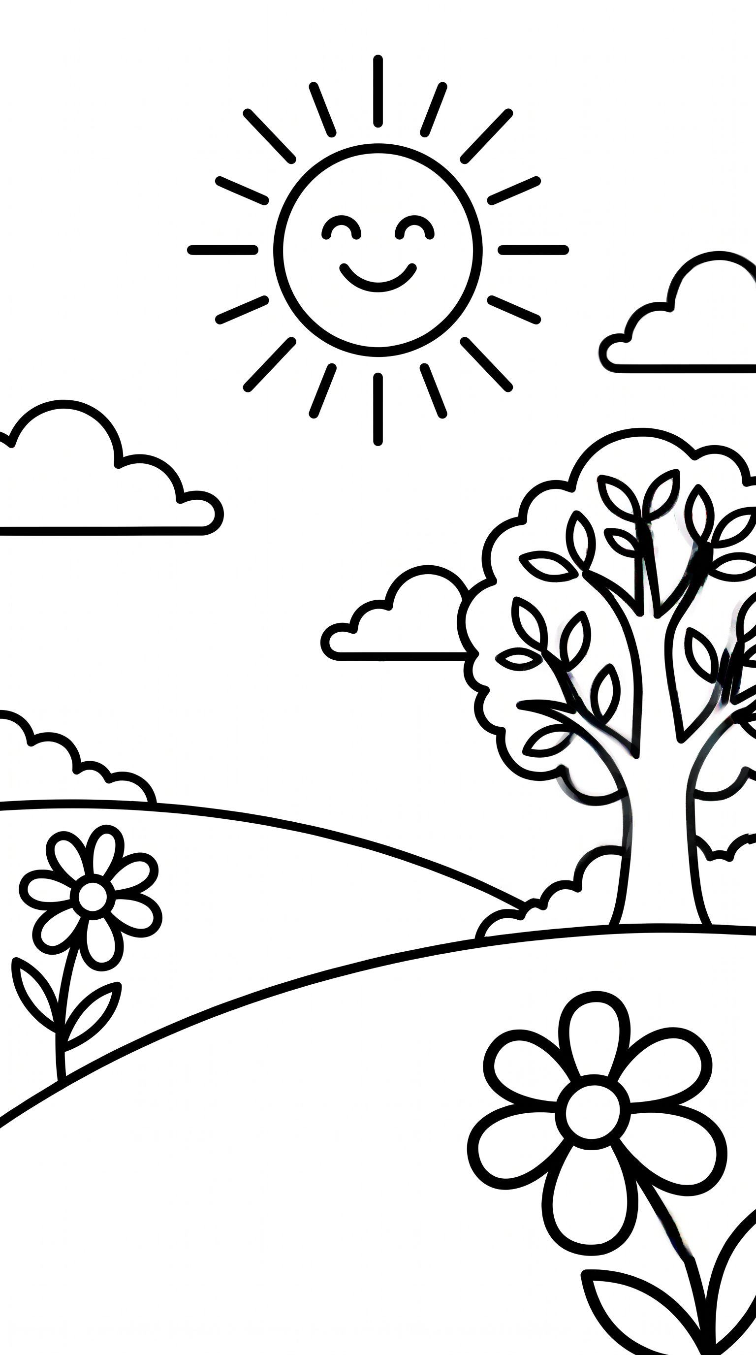 smiling sun above sunny field coloring page to print