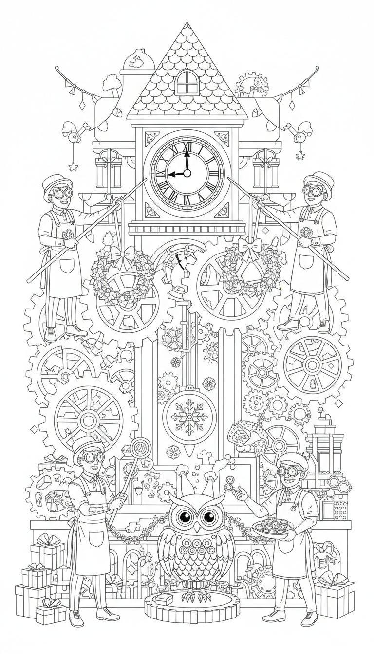 Christmas clocktower workshop with joyful gears coloring page to print