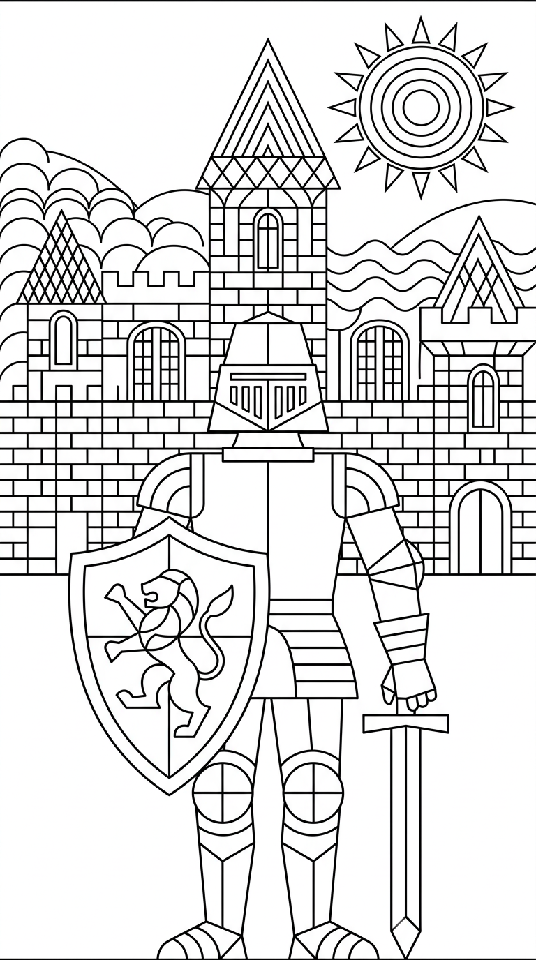 A medieval knight in shining armor holding a shield and sword, standing before a castle. coloring page to print
