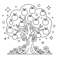 A simple drawing of an apple tree with ripe apples hanging.