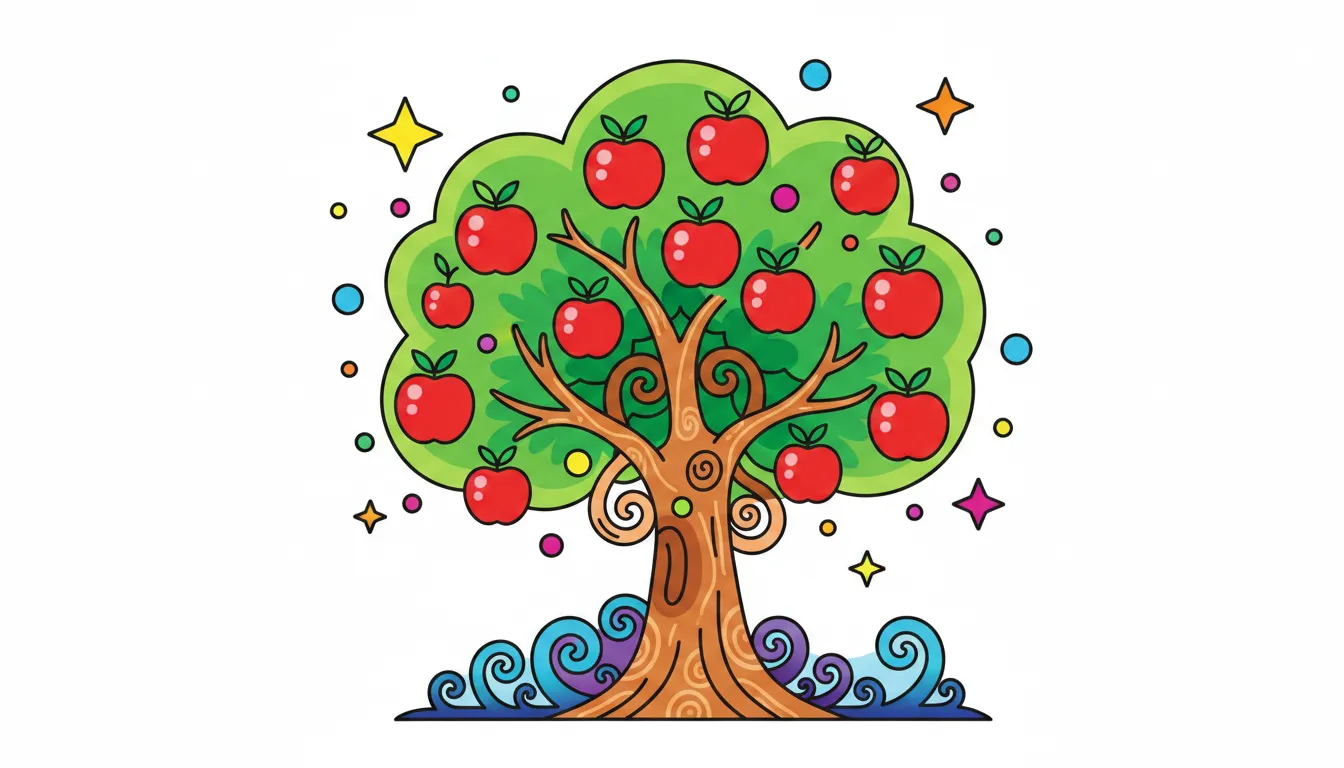 A simple drawing of an apple tree with ripe apples hanging. coloring page to print