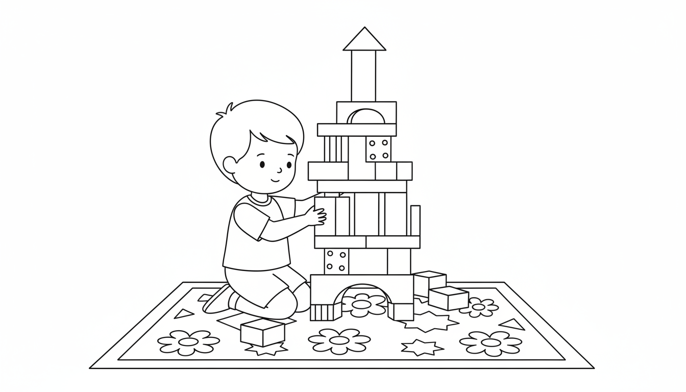 Child building a tall tower with blocks coloring page to print