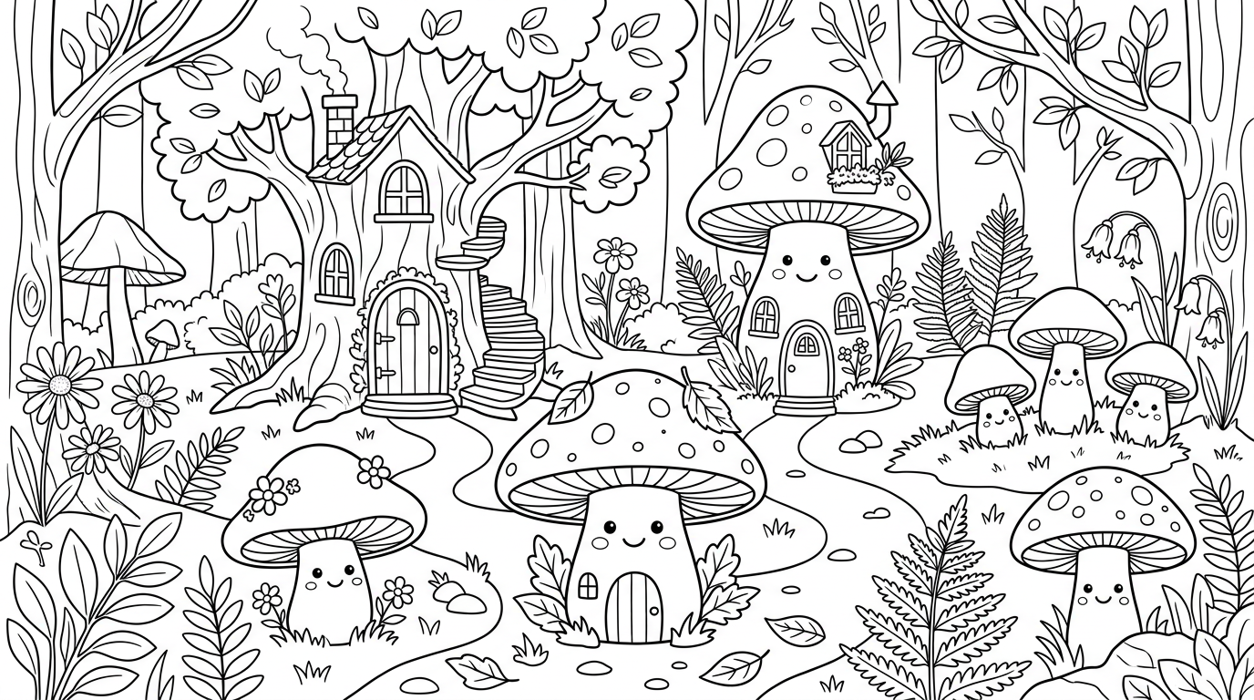 Whimsical forest with fairy houses and face mushrooms coloring page to print