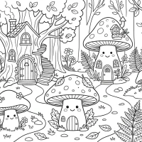 Whimsical forest with fairy houses and face mushrooms
