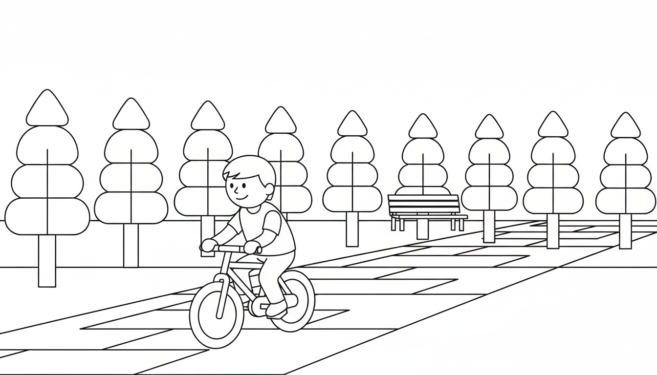 Child riding bicycle in park with trees coloring page to print