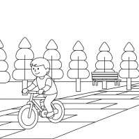 Child riding bicycle in park with trees