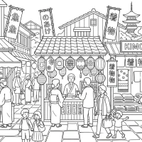 A bustling marketplace in Japan with stalls selling fish, paper lanterns, and kimonos.