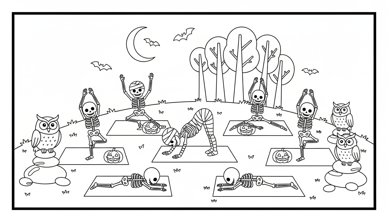calm halloween yoga led by mummy on hilltop coloring page to print