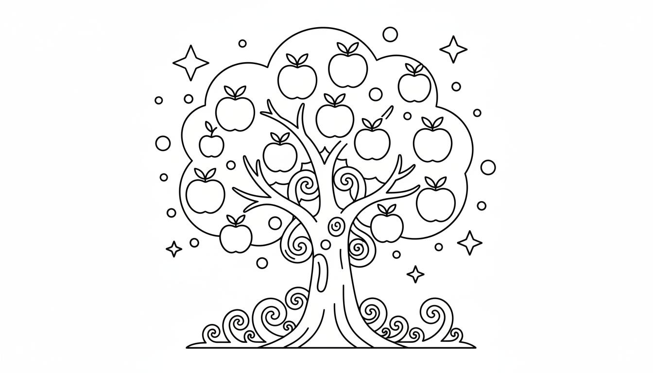 A simple drawing of an apple tree with ripe apples hanging. coloring page to print