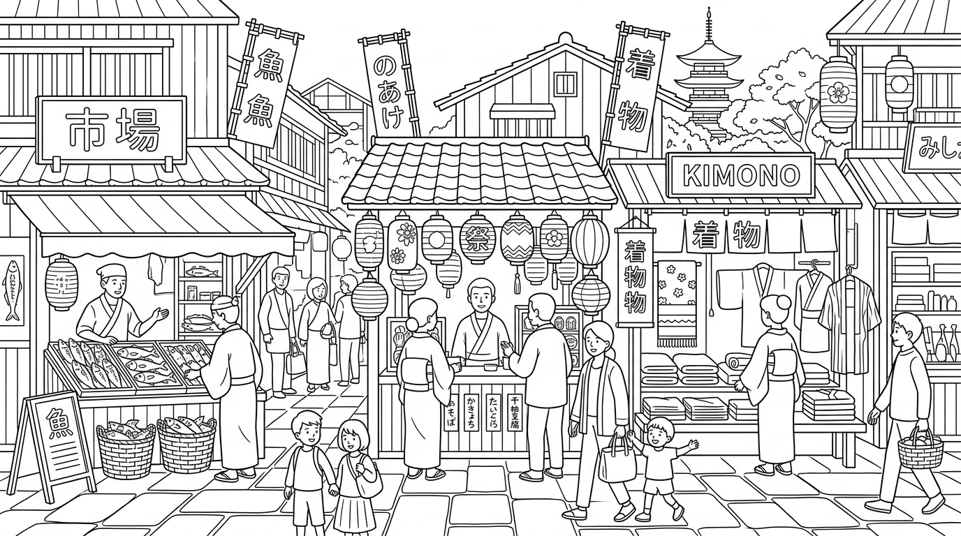 A bustling marketplace in Japan with stalls selling fish, paper lanterns, and kimonos. coloring page to print