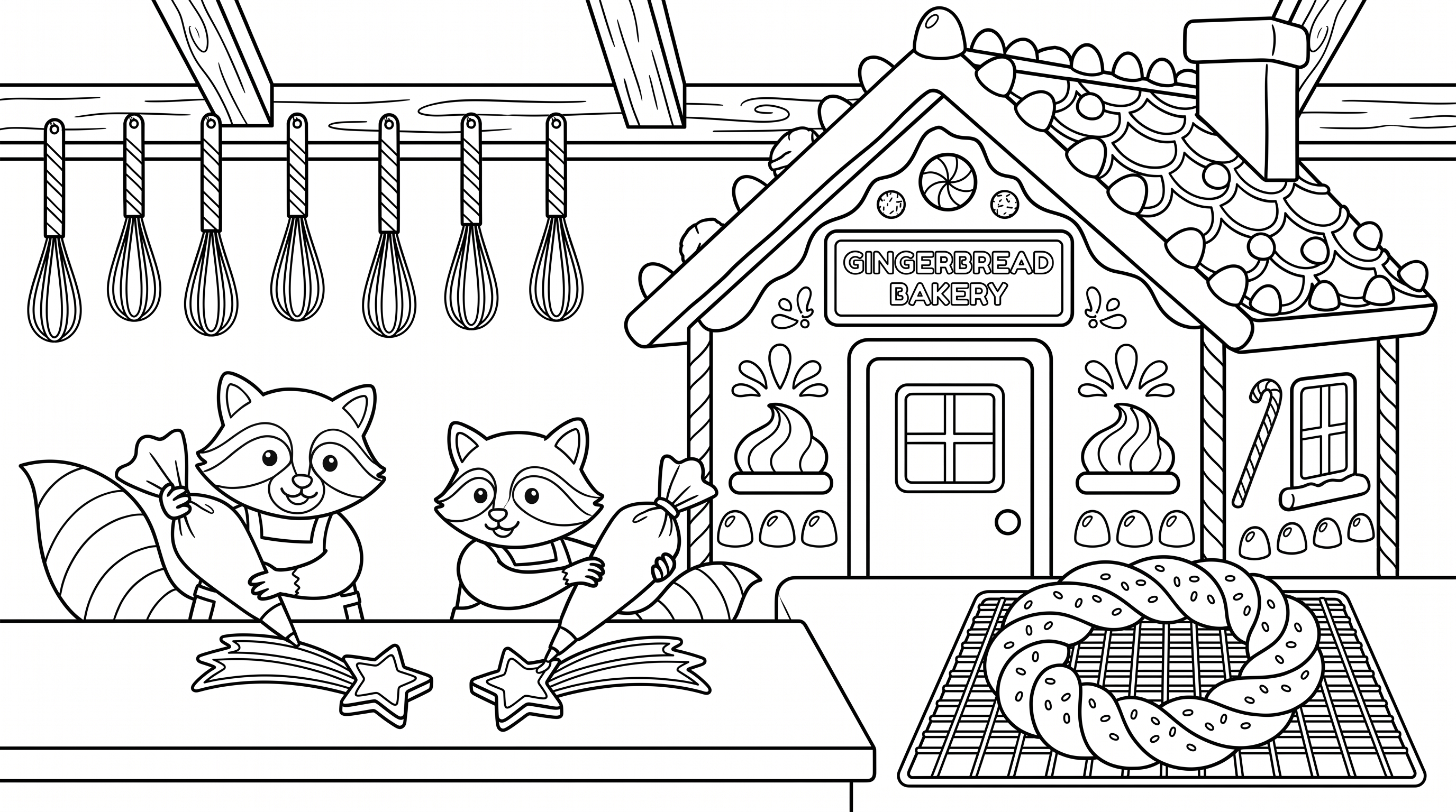 Gingerbread cottage bakery scene coloring page to print