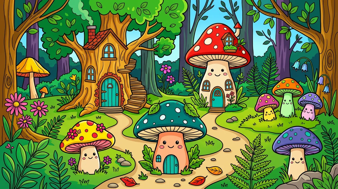 Whimsical forest with fairy houses and face mushrooms coloring page to print