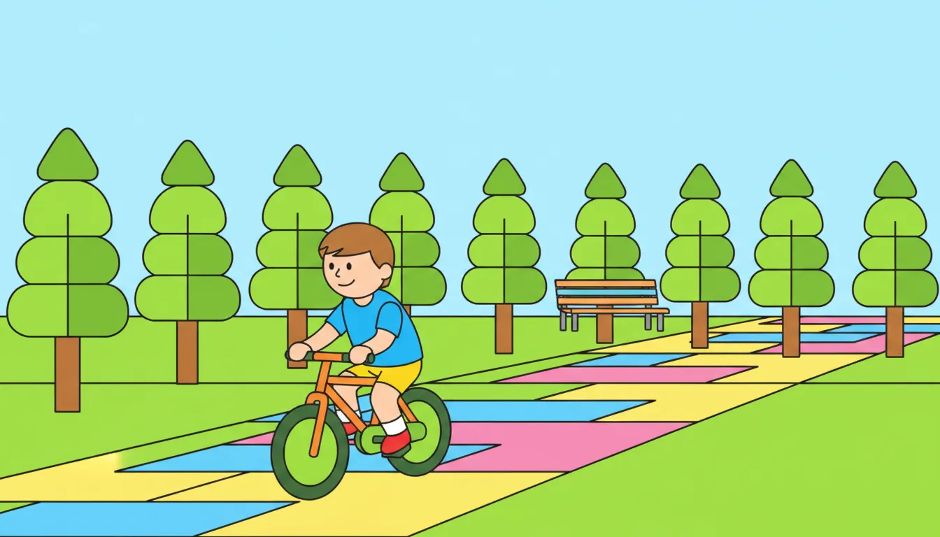 Child riding bicycle in park with trees coloring page to print