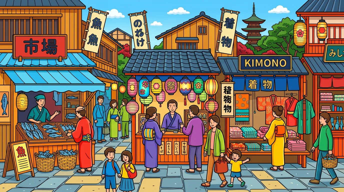 A bustling marketplace in Japan with stalls selling fish, paper lanterns, and kimonos. coloring page to print