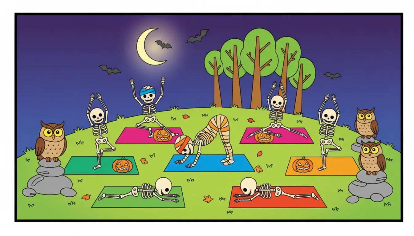 calm halloween yoga led by mummy on hilltop coloring page to print
