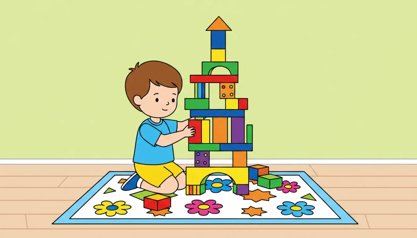 Child building a tall tower with blocks coloring page to print