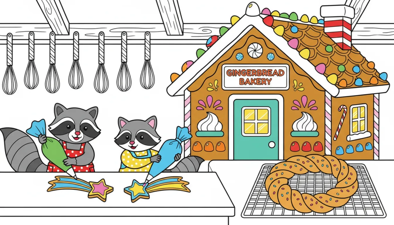 Gingerbread cottage bakery scene coloring page to print
