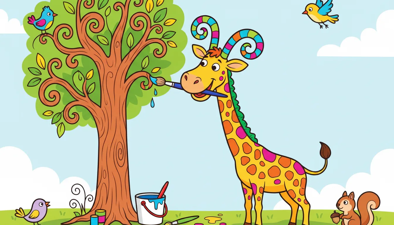 Giraffe painting a tall tree scene coloring page to print