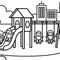 A city park with a playground, swings, and children playing on a slide.