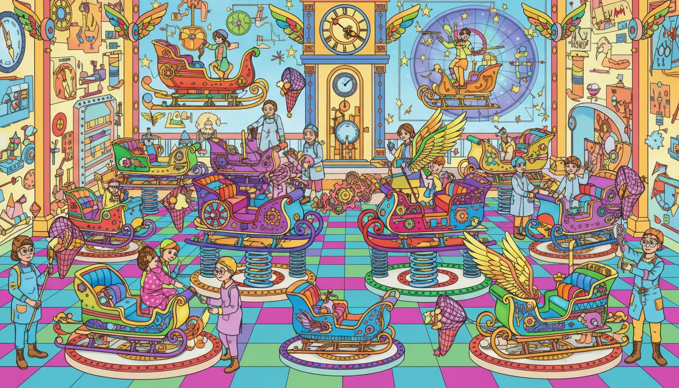 Christmas whimsical clockwork sleigh factory scene coloring page to print