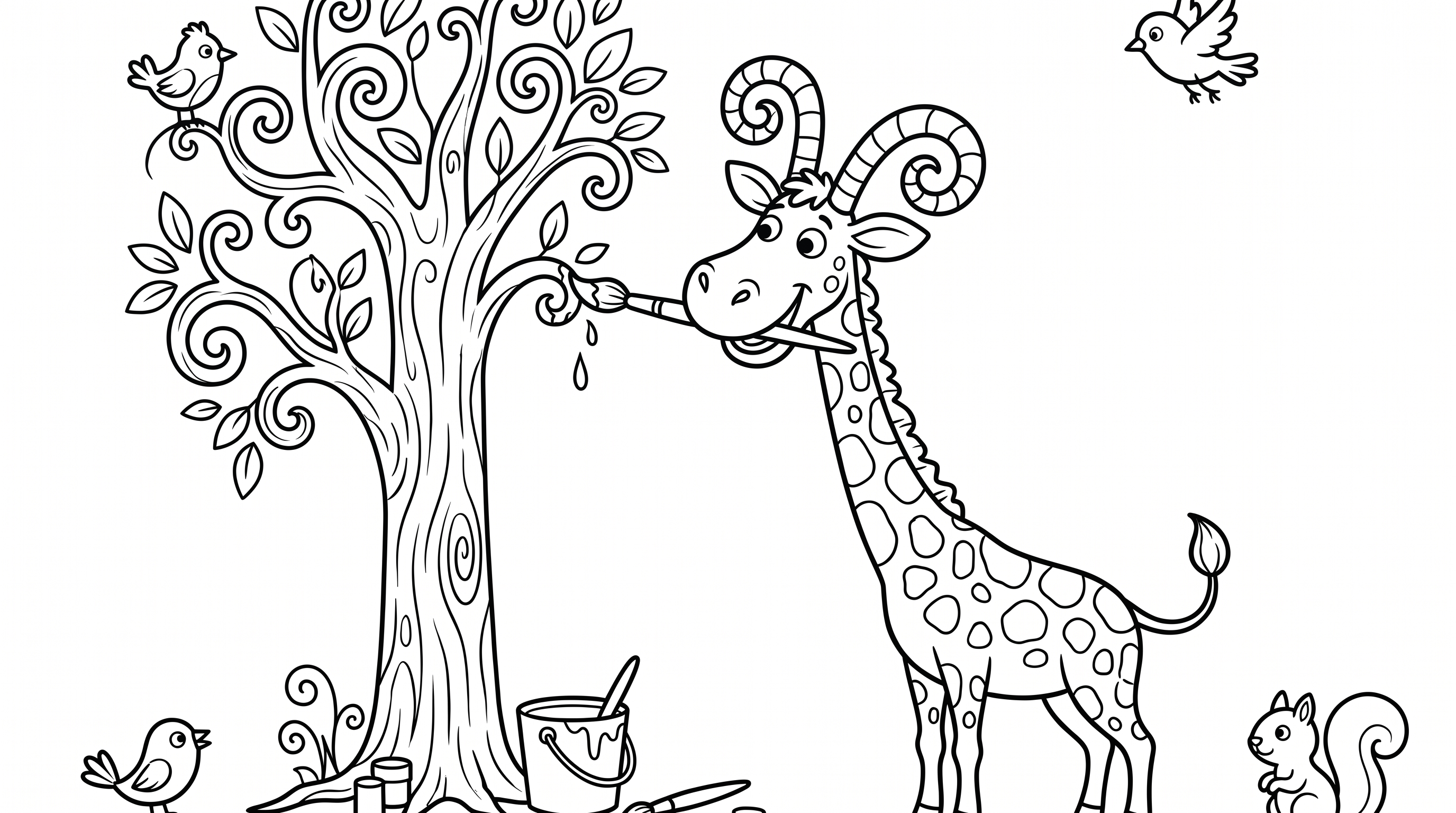 Giraffe painting a tall tree scene coloring page to print