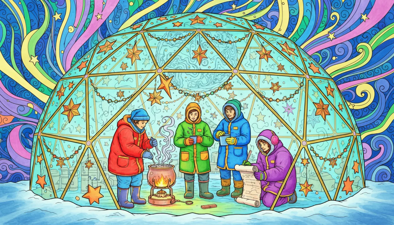 Christmas polar research dome scene coloring page to print
