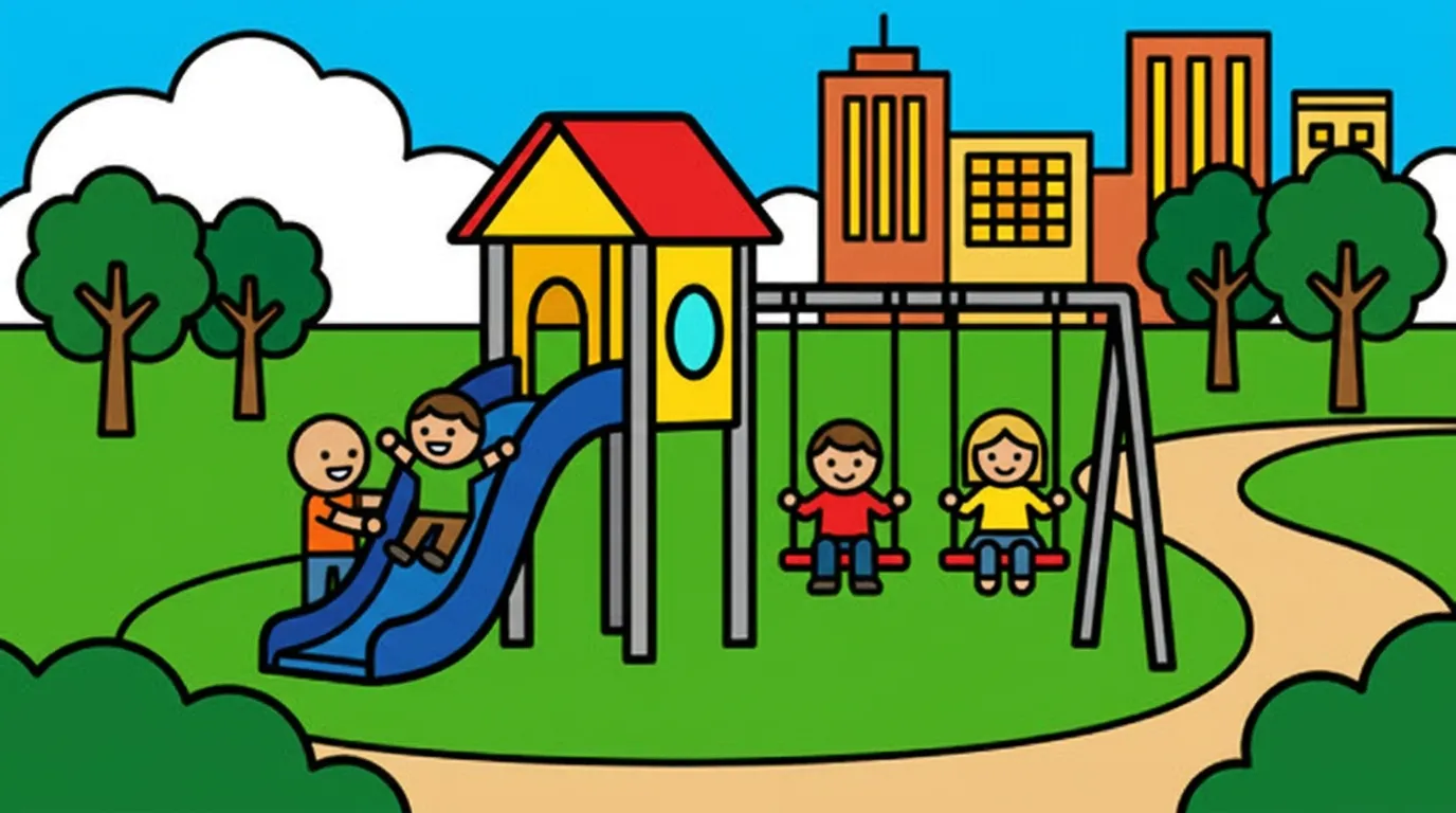 A city park with a playground, swings, and children playing on a slide. coloring page to print