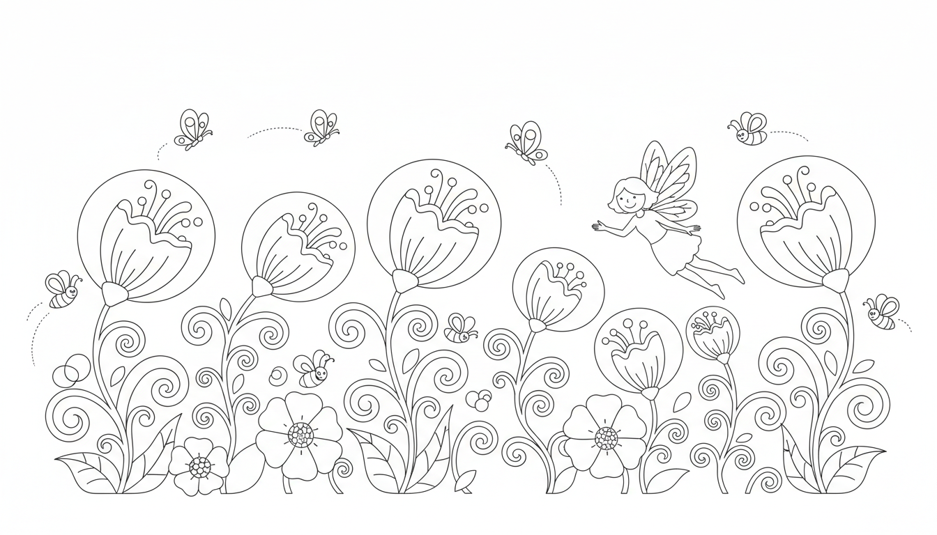 whimsical fairy flying through glowing flowers garden coloring page to print