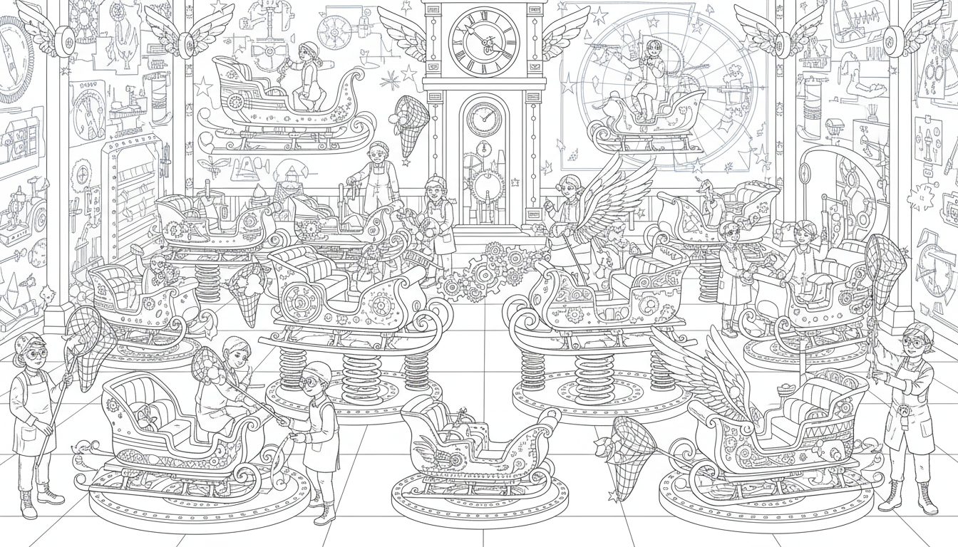 Christmas whimsical clockwork sleigh factory scene coloring page to print