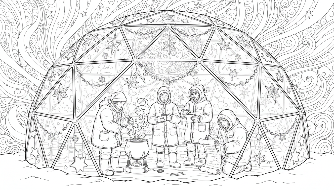 Christmas polar research dome scene coloring page to print